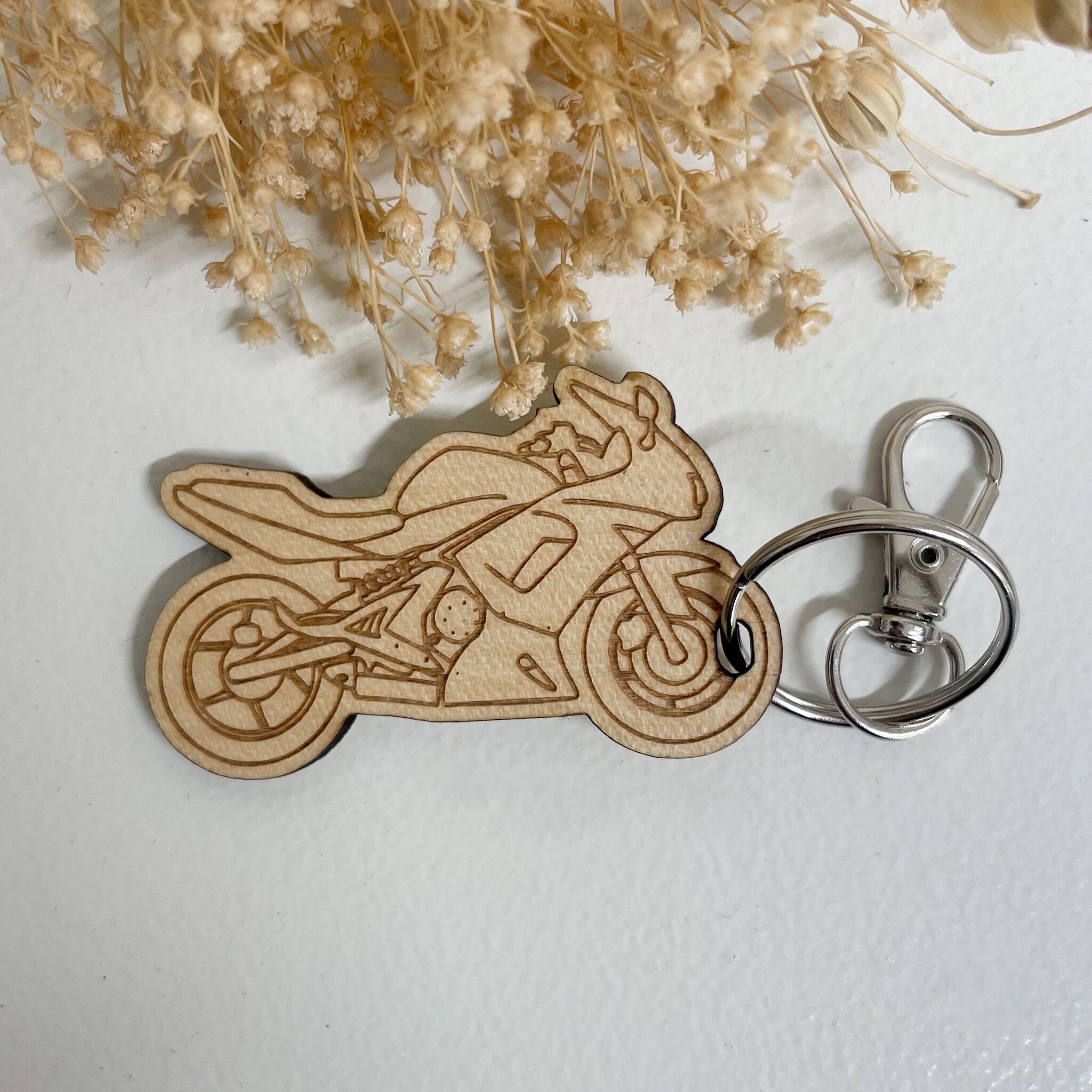 Customizable wooden road motorcycle key ring