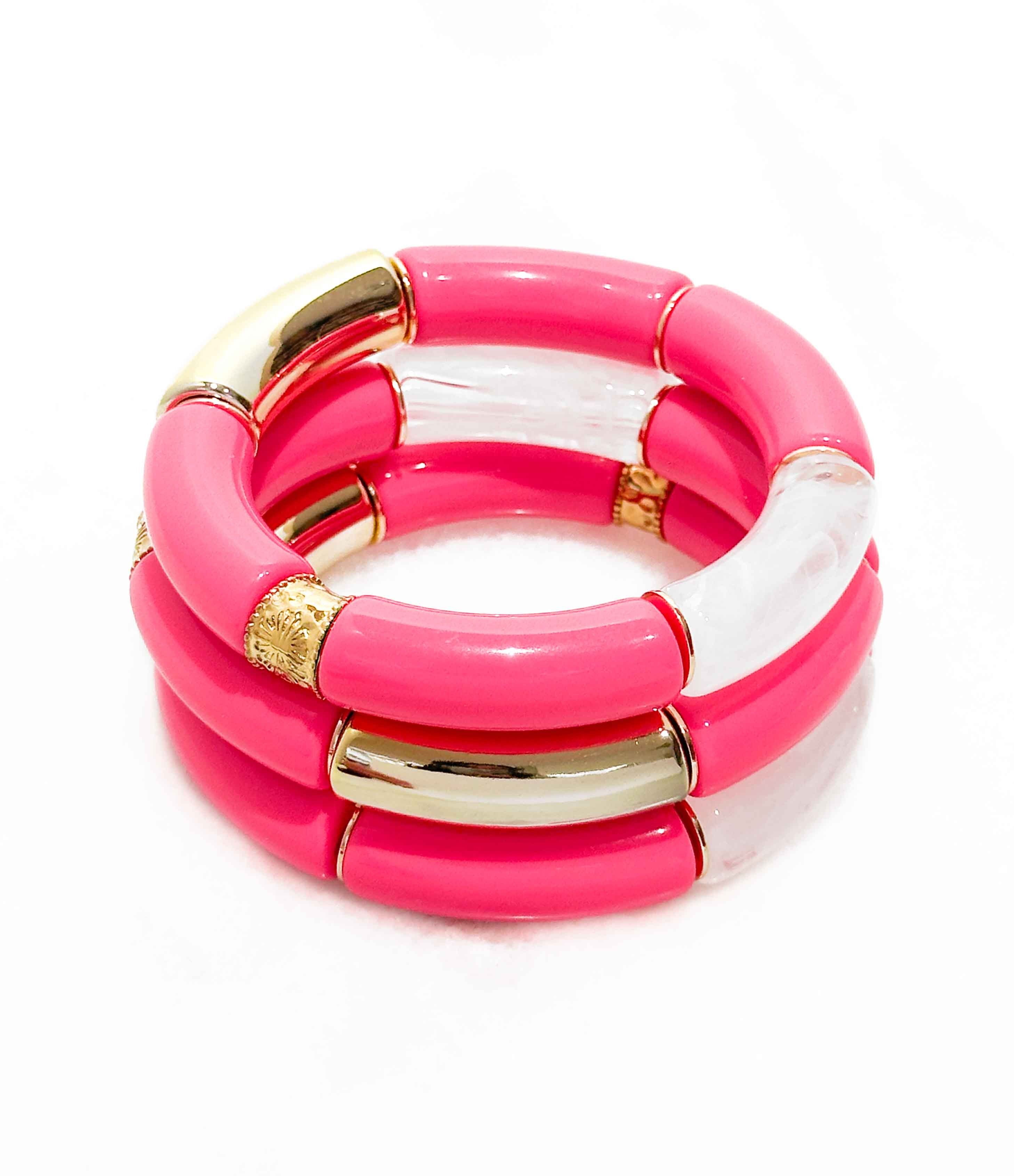 Braccialetto elastico alla moda con tubi in acrilico e perline piatte in ottone dorato con oro fino 14K