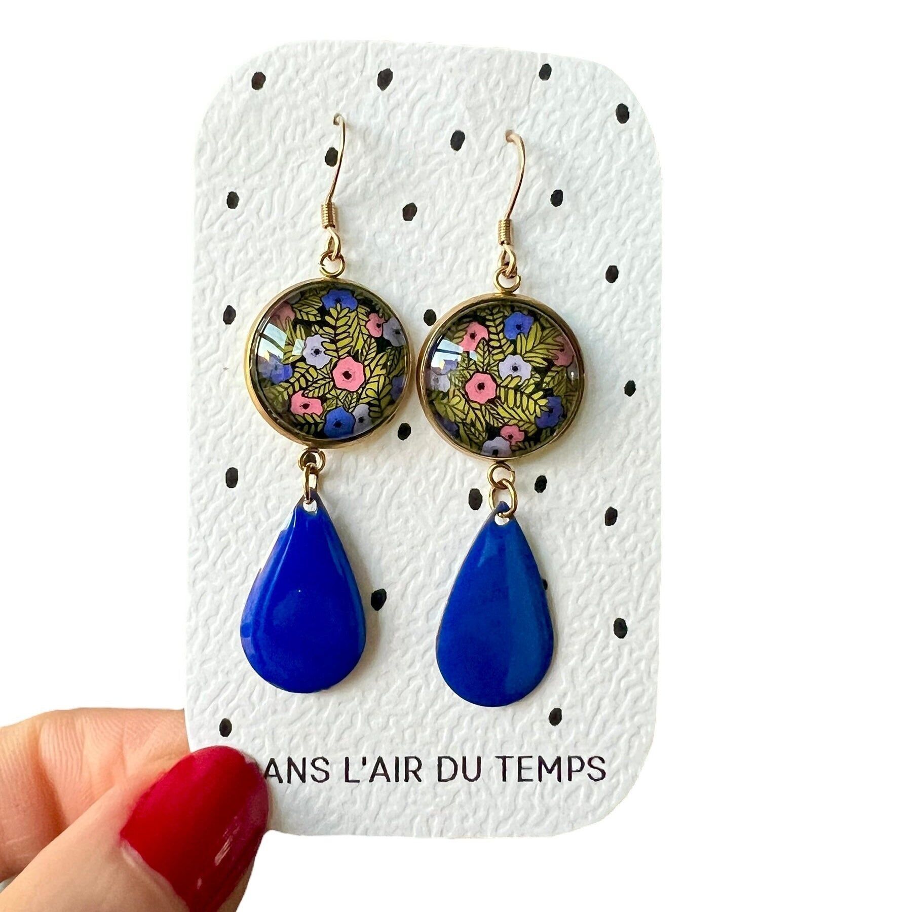 Purple, Pink and Green Flower Drop Earrings, Blue Enamel, Gold or Silver Finish