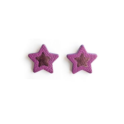 Boucles d'oreilles puces Etoiles en cuir violine et violet