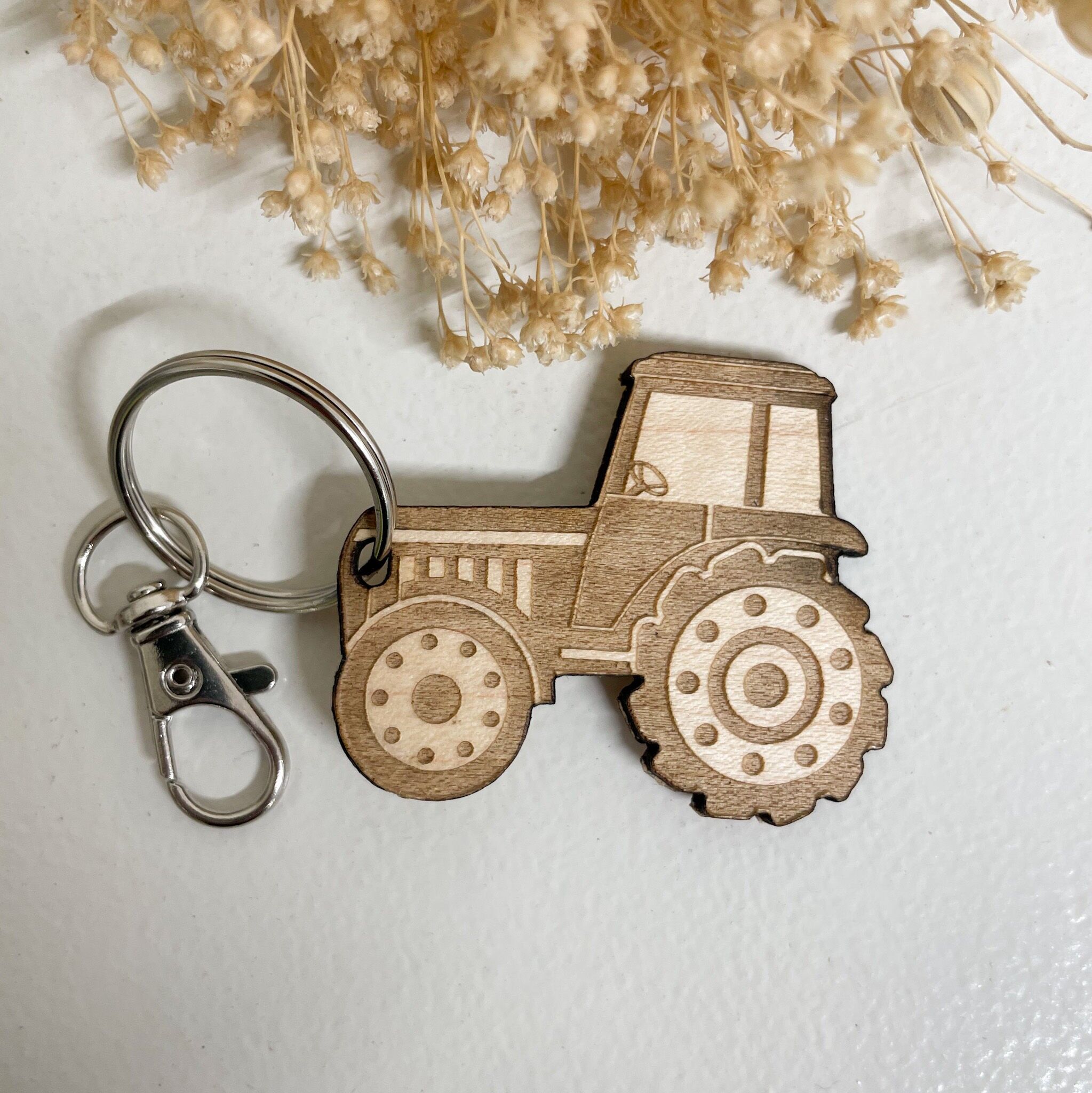 Customizable wooden tractor keychain