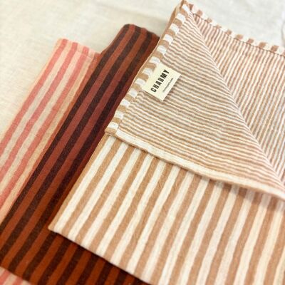 3 essuie-mains en gaze de coton, fabriqués en France, rayés toffee, paprika et caramel