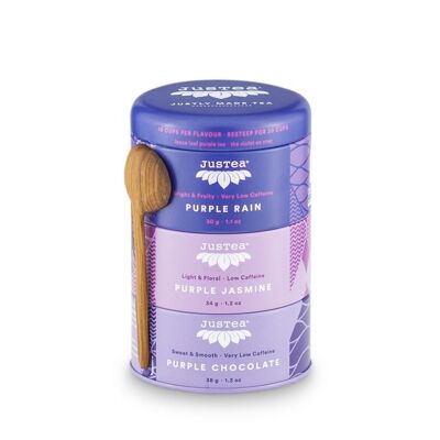 Justea | Trio Purple Tea |  Stapelbare theeblikjes | Purple Rain | Purple Jasmine |Purple chocolate | 102 gram | 90 kop | Losse thee | Biologisch |Fairtrade | Non-GMO.