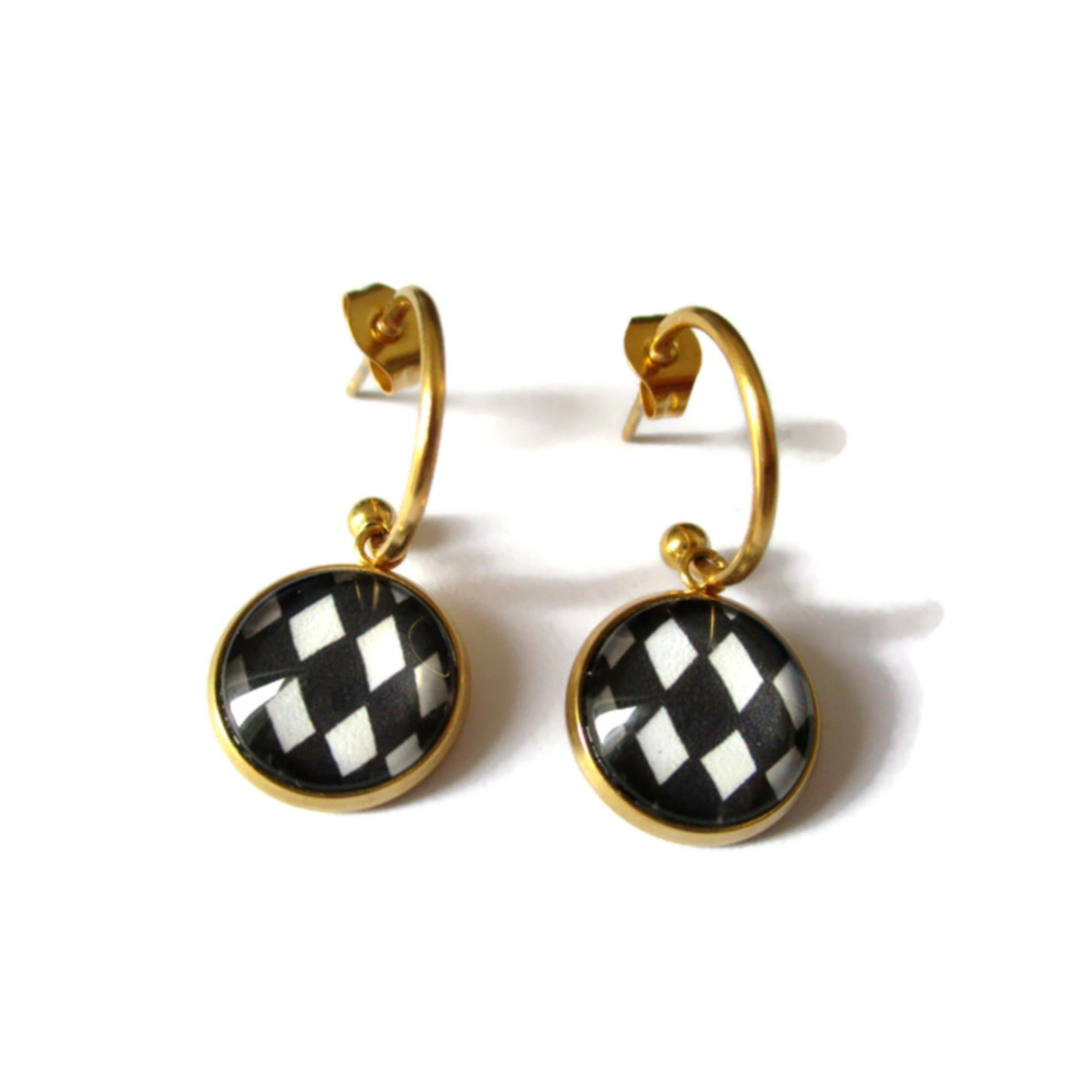 Mini Créoles losanges noirs et blancs, finition dorée ou argentée