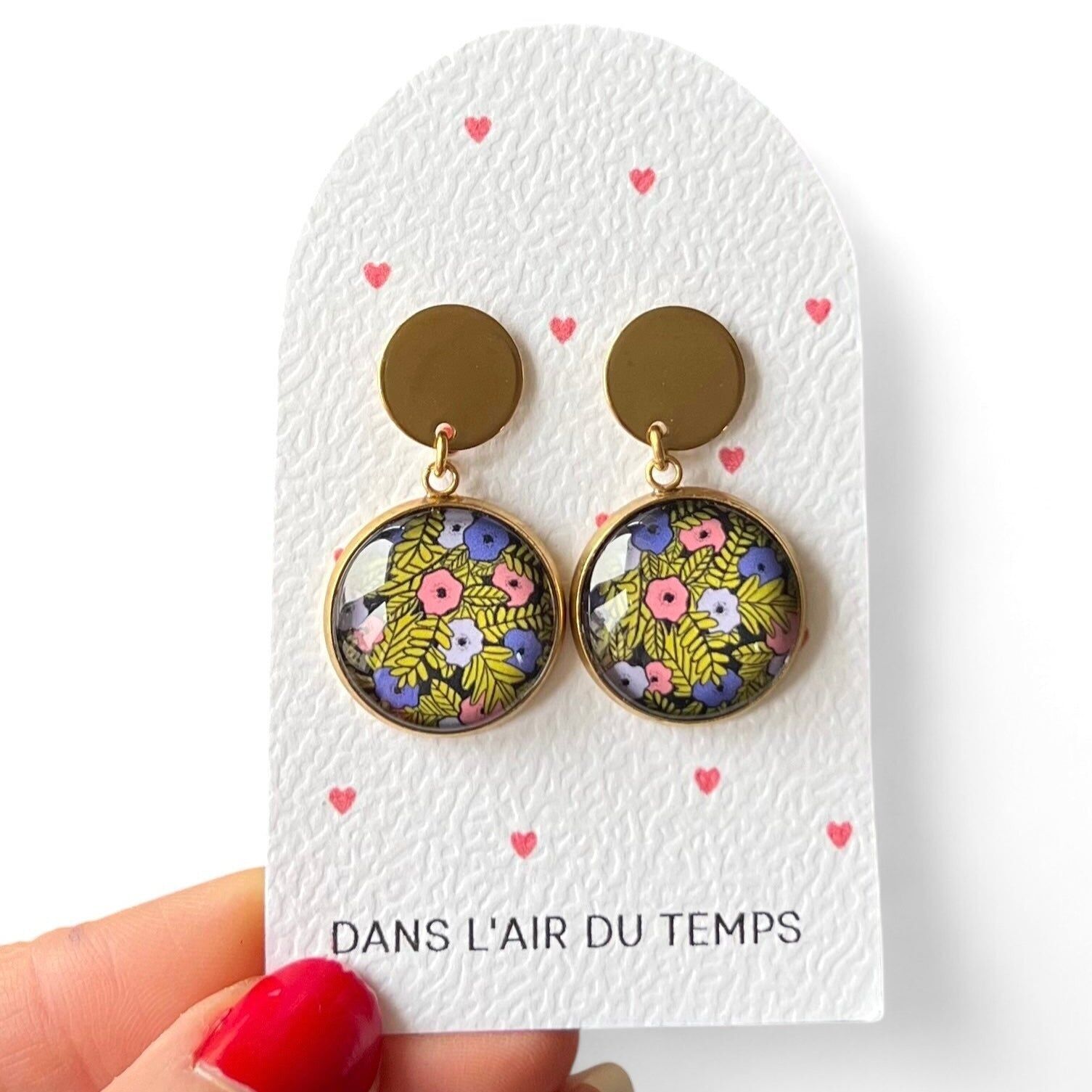 Purple, Pink and Green Flower Drop Earrings, Gold or Silver Finish