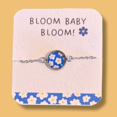 Children's Stainless Steel Bracelet, blue and white flowers/ "Bloom baby bloom! "