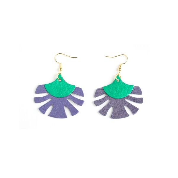 Boucles d'oreilles Palmes - cuir vert vif et bleu-violet