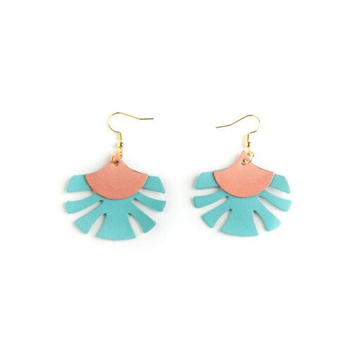 Boucles d'oreilles Palmes - cuir rose saumon et aiguemarine