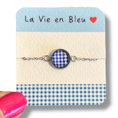 Children's Stainless Steel Bracelet, blue and white gingham