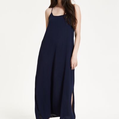 Vestido largo azul marino con tirantes y abertura