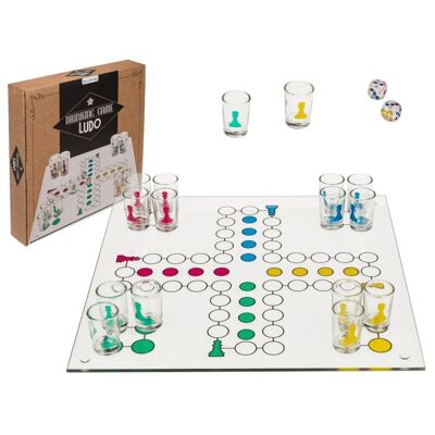 Juego para beber de vidrio, Ludo, con 16 vasos y 2 dados,