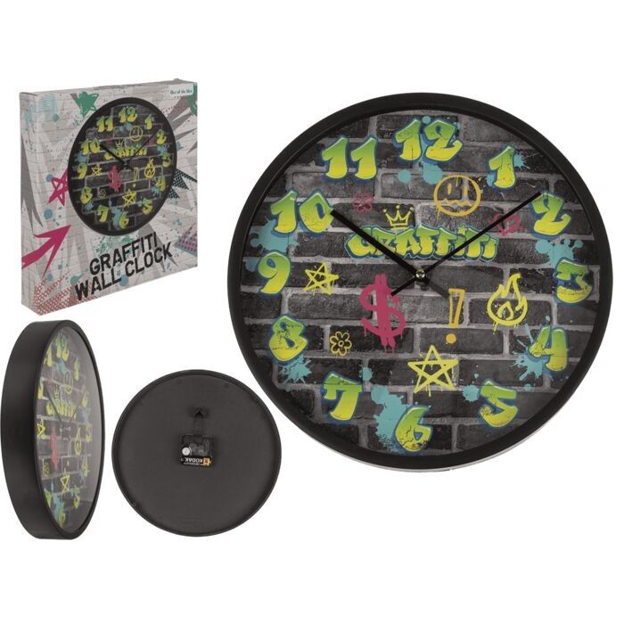 Wall clock, graffiti, 30 x 30 x 4.5 cm,