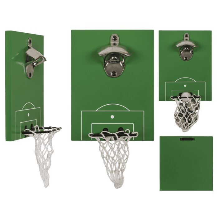 Metal bottle opener, football field with goal,
