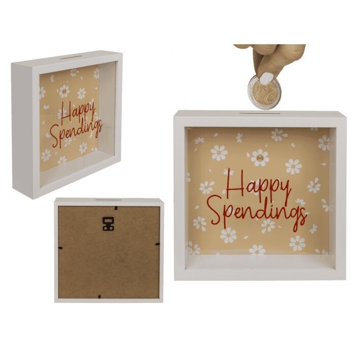Wooden money box, Happy Spendings,