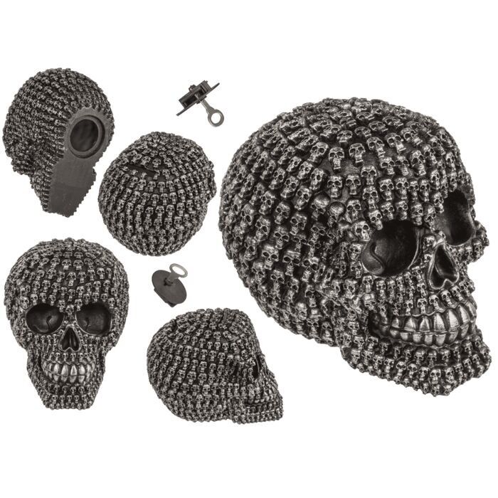 Money box with lock, silver skull design,