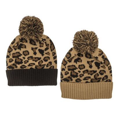 Cappello invernale con pompon in pelliccia sintetica, leopardato,