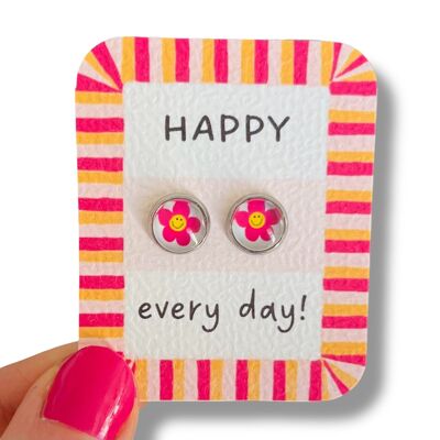Orecchini a bottone con fiore sorridente rosa per bambini / Happy Everyday