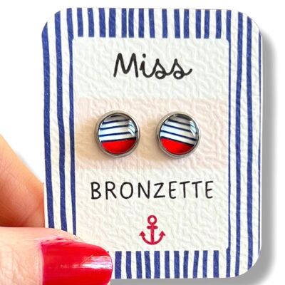 Pendientes de botón con rayas azules y rojas para niños / ¡Miss Bronzette!