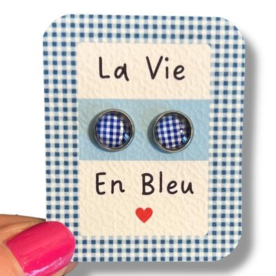 Children's Blue and White Gingham Pattern Stud Earrings