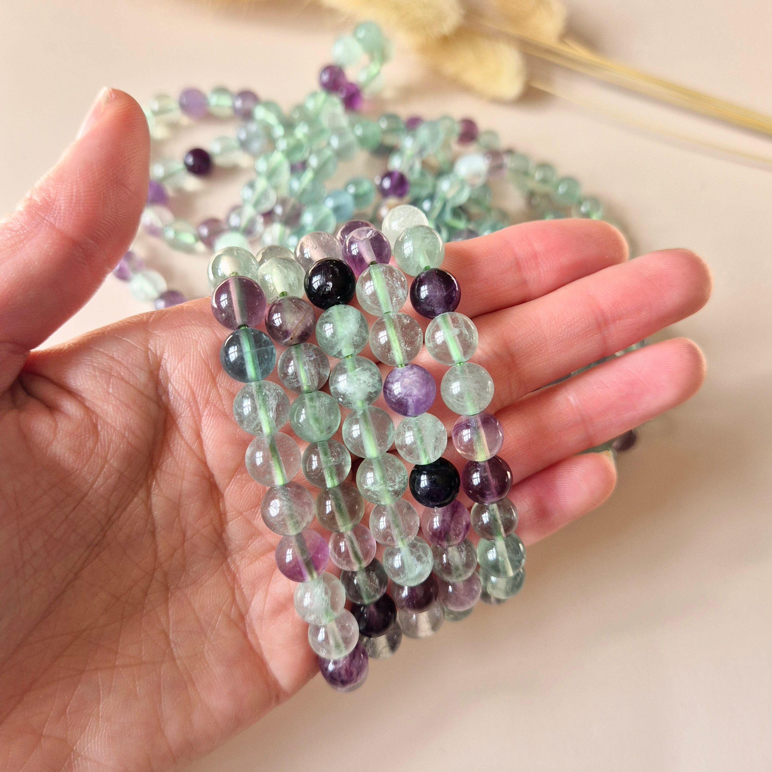 Bracciale con pietre preziose e perle rotonde da 8 mm - Fluorite / Fluorite