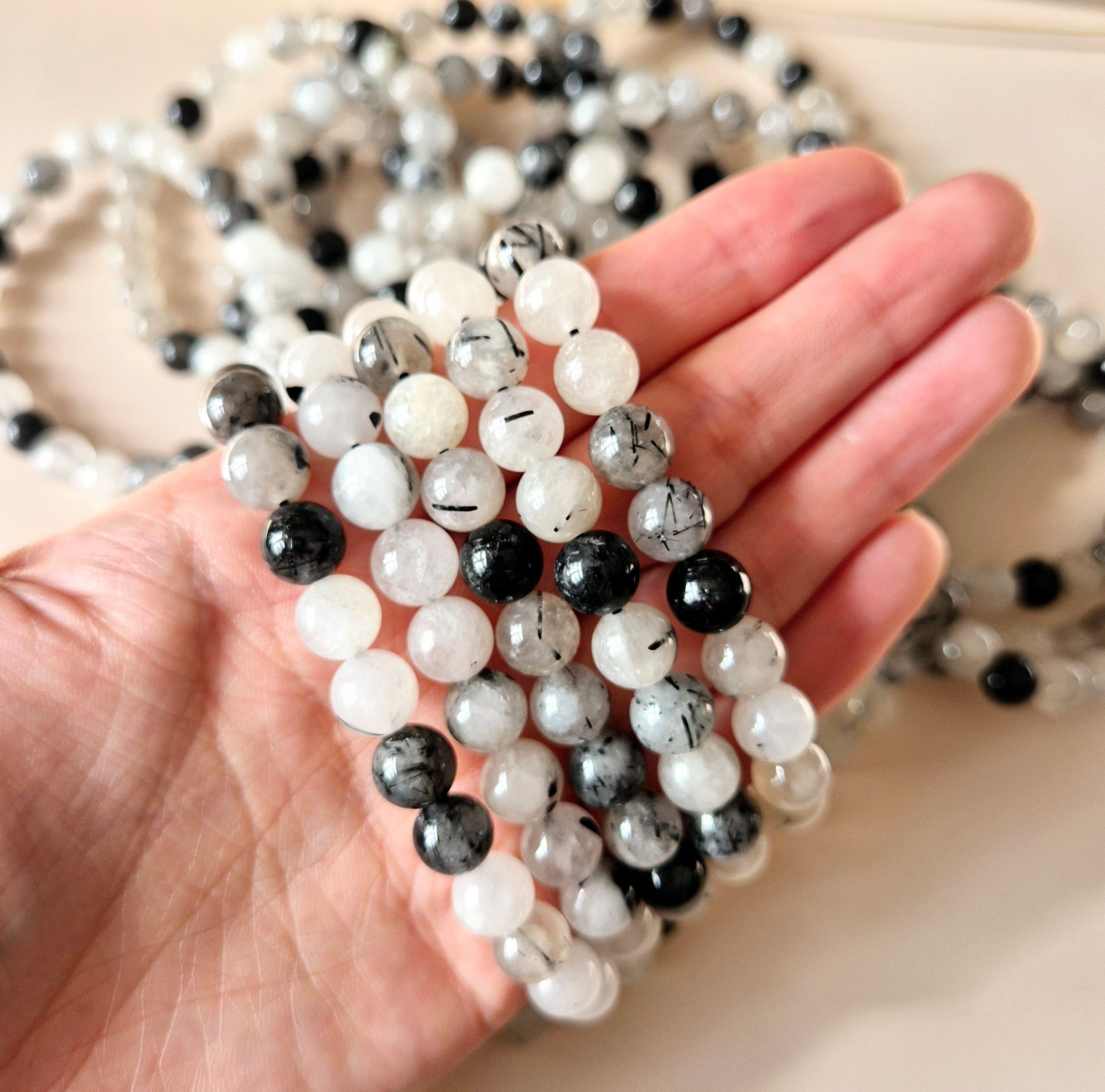 Bracciale con pietre preziose e perle rotonde da 8 mm - Quarzo rutilato con tormalina nera