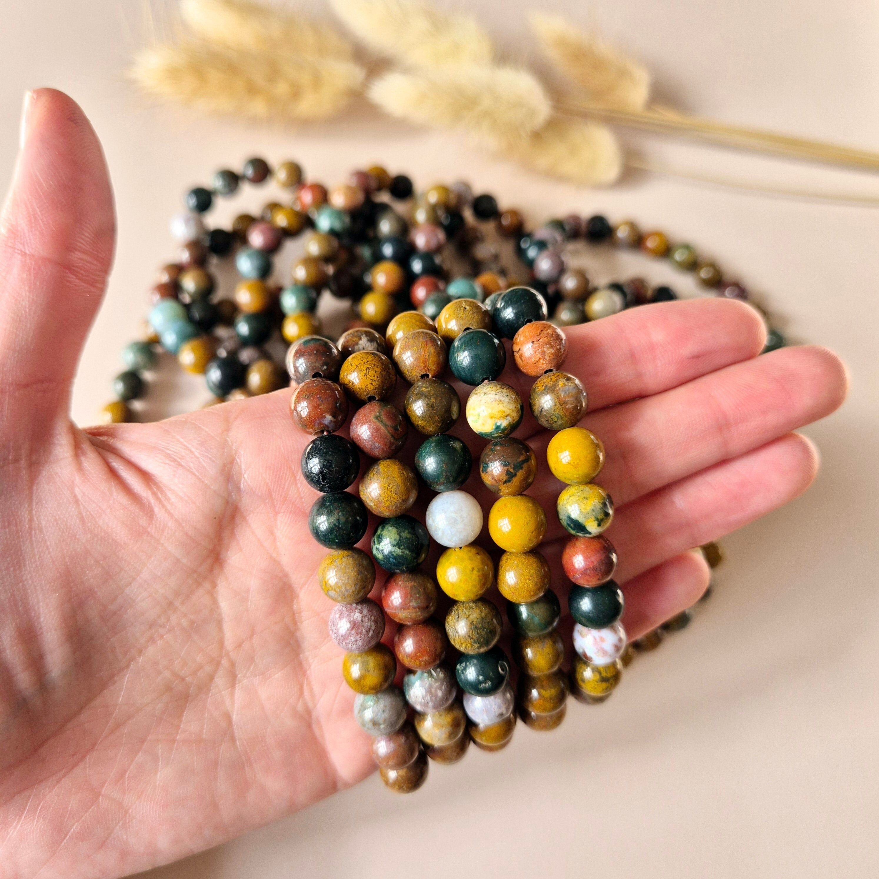 Bracciale con pietre preziose e perle rotonde da 8 mm - Ocean Jasper