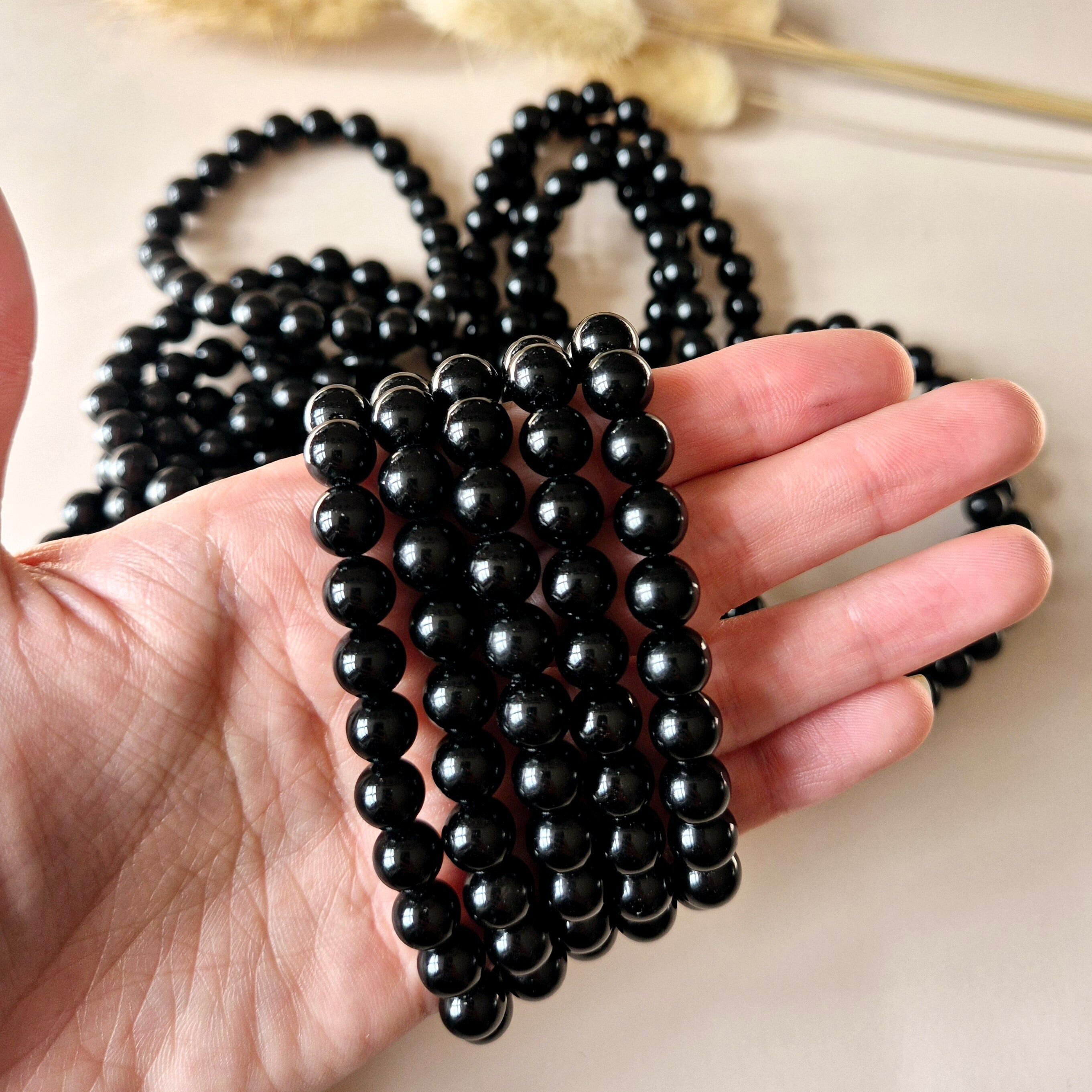 Bracciale con pietre preziose e perle rotonde da 8 mm - Ossidiana / Ossidiana