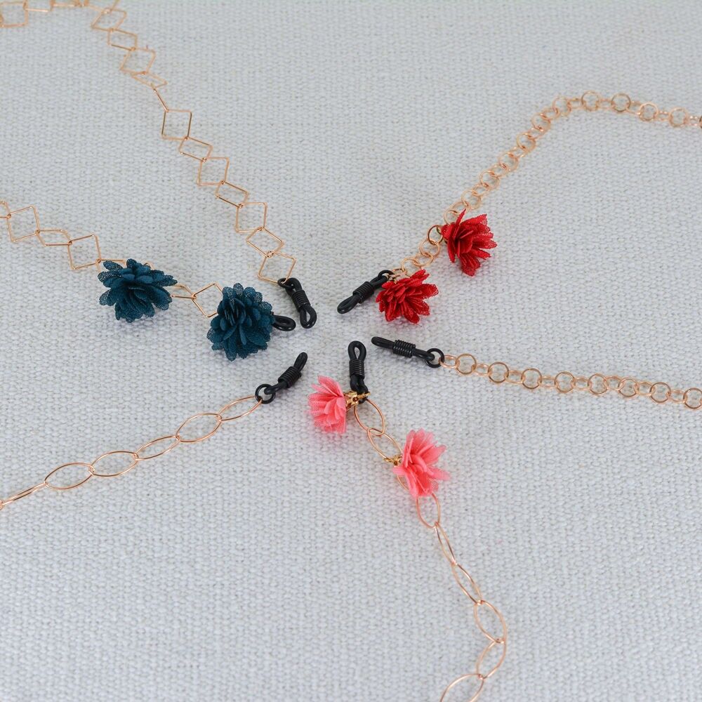 Rosa Brillenkette aus Metall mit Blumenmuster