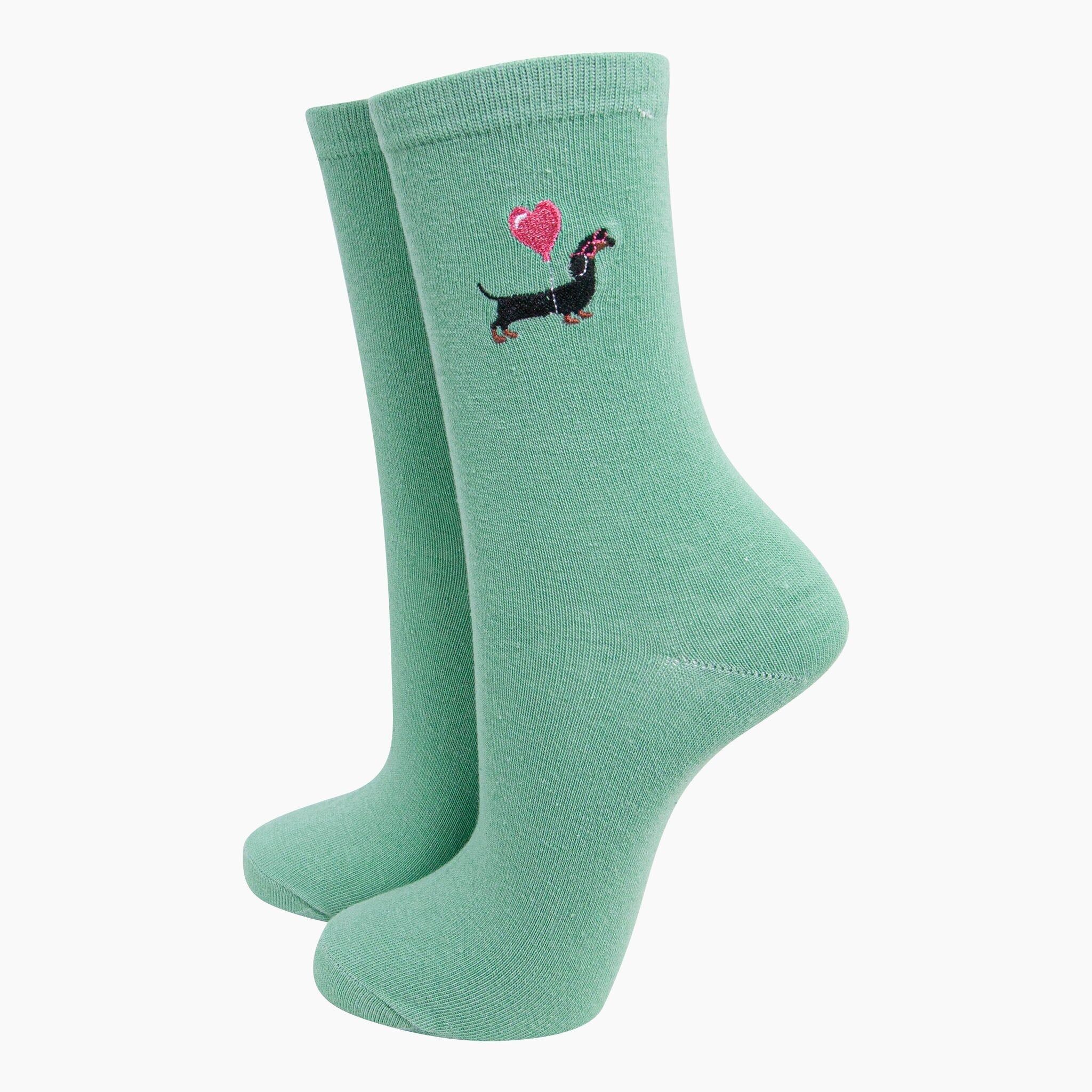 Bestickte Socken für Damen - Minze, Dackelherzballon