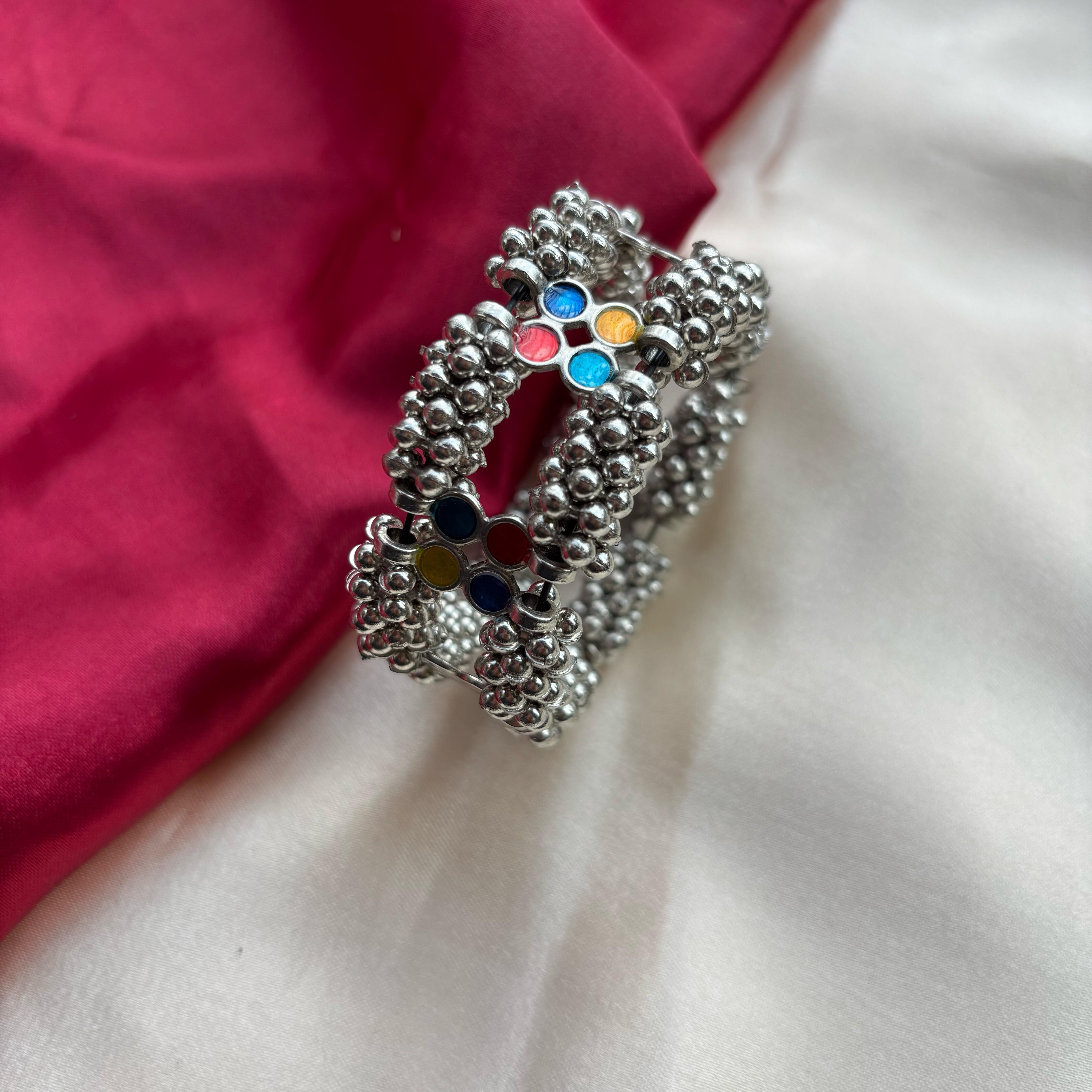 Oxidised Ghungaroo multicolour stones Open Bridal Kada Cuff Bangle