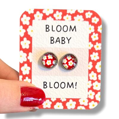 Children's Retro Flower Stud Earrings in white on a red background/ "Bloom baby bloom! "