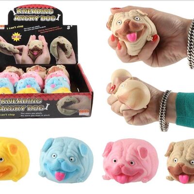 Squeeze dog 8 cm with powder, 4 assorted colours 12 pieces in display