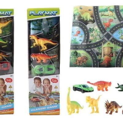 Play mat dino 80 x 70 cm with 3 dinosaurs 8 cm and 1 car 7 cm, 2 assorted, window box
