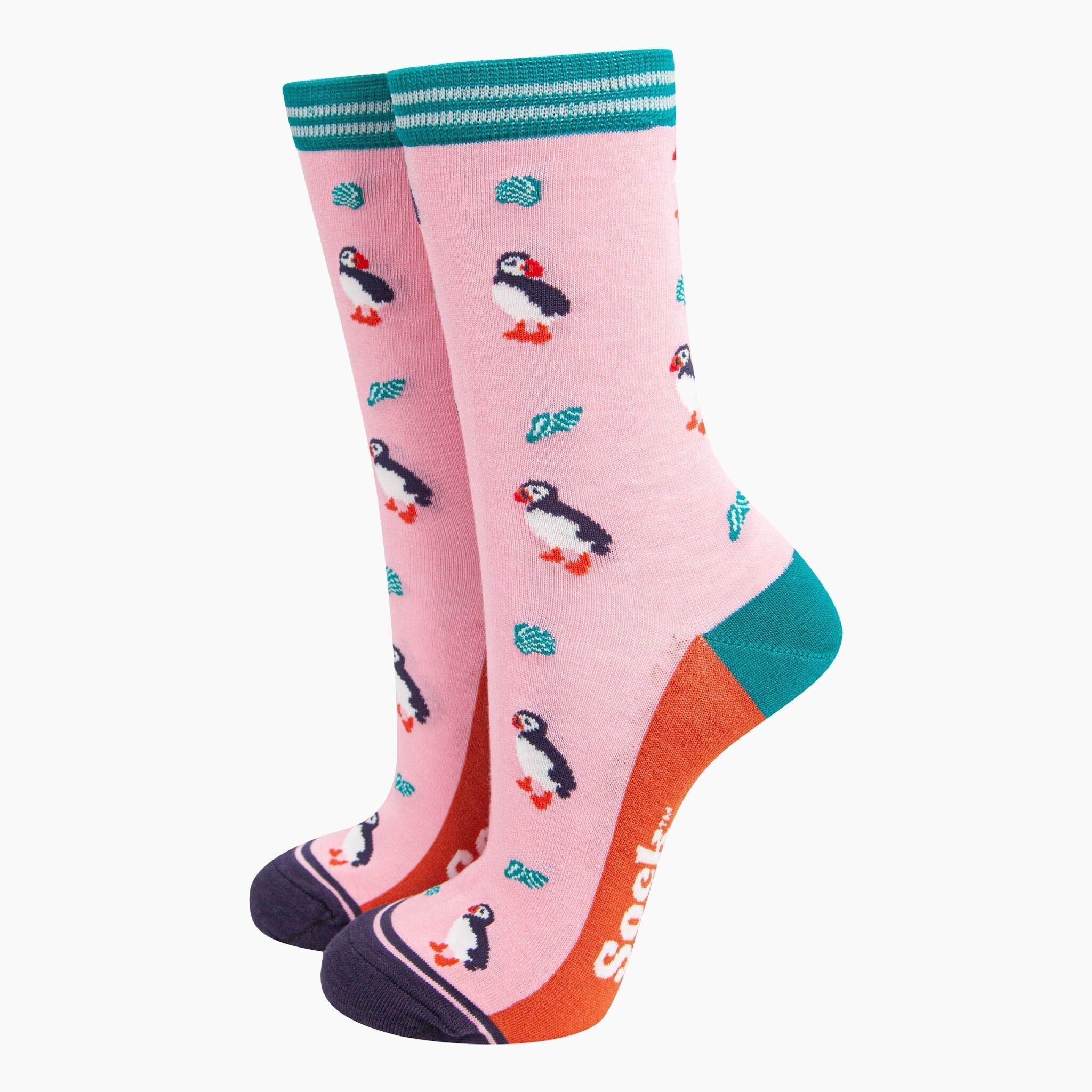 Bambussocken für Damen - Rosa, Papageientaucher und Muschel