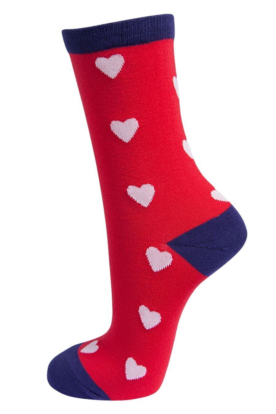 Damen Bambussocken Red Love Hearts Neuheit Söckchen Marineblau