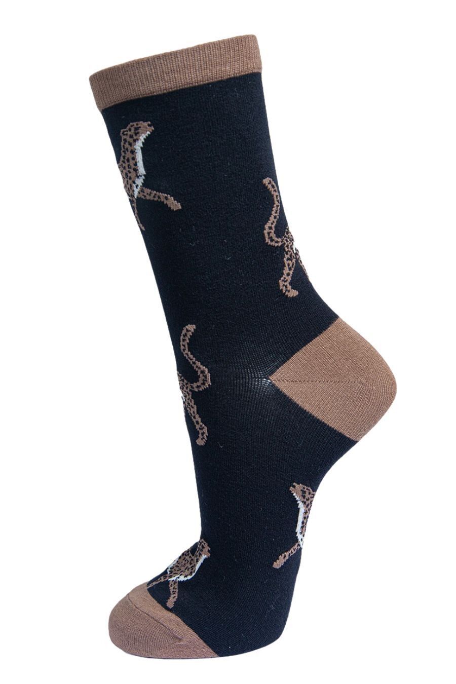 Damen-Söckchen aus Bambus, Leopardenmuster, Geparden-Tier-Socken, Schwarz