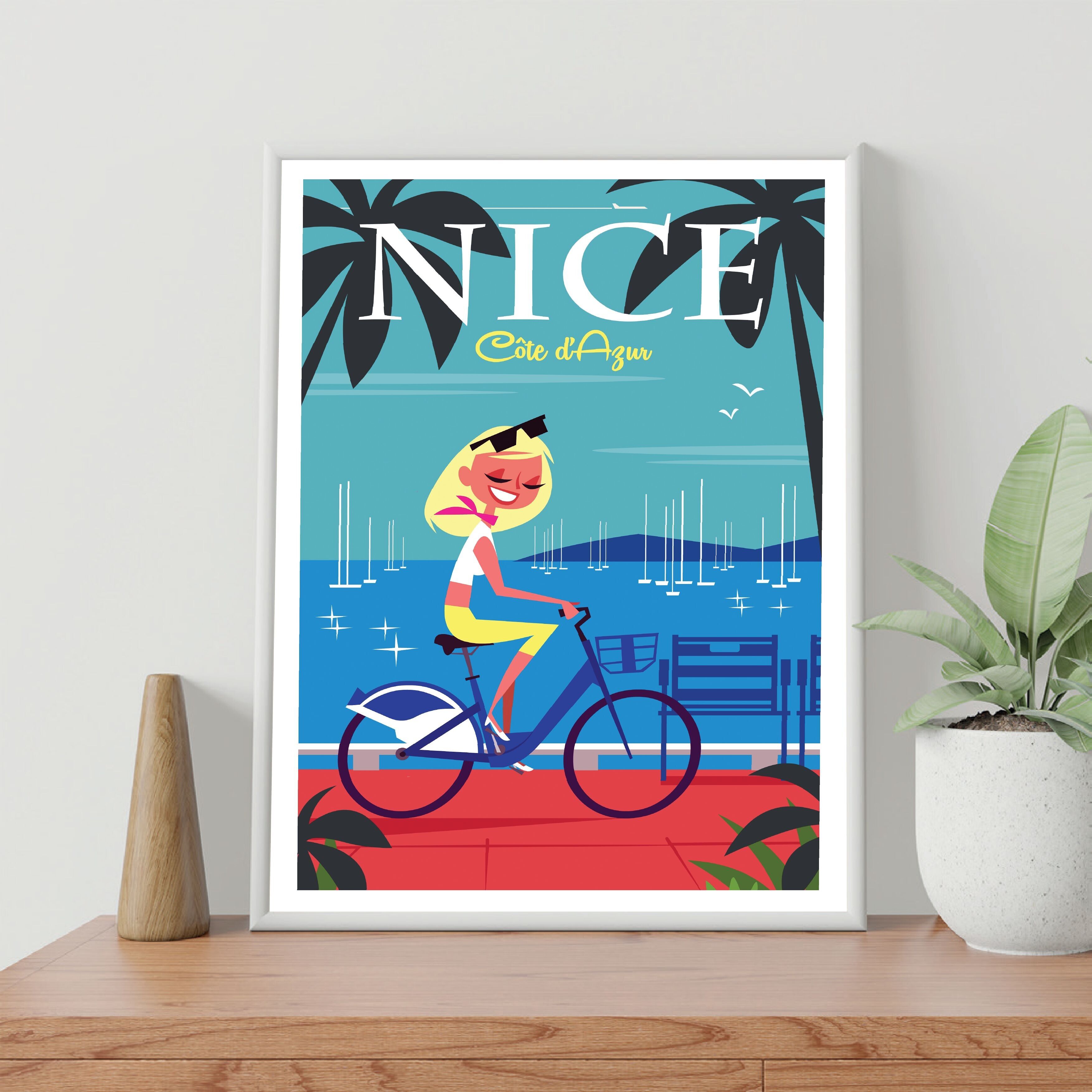 POSTER 30 CM PER 40 NIZZA COSTA AZZURRA BICICLETTA