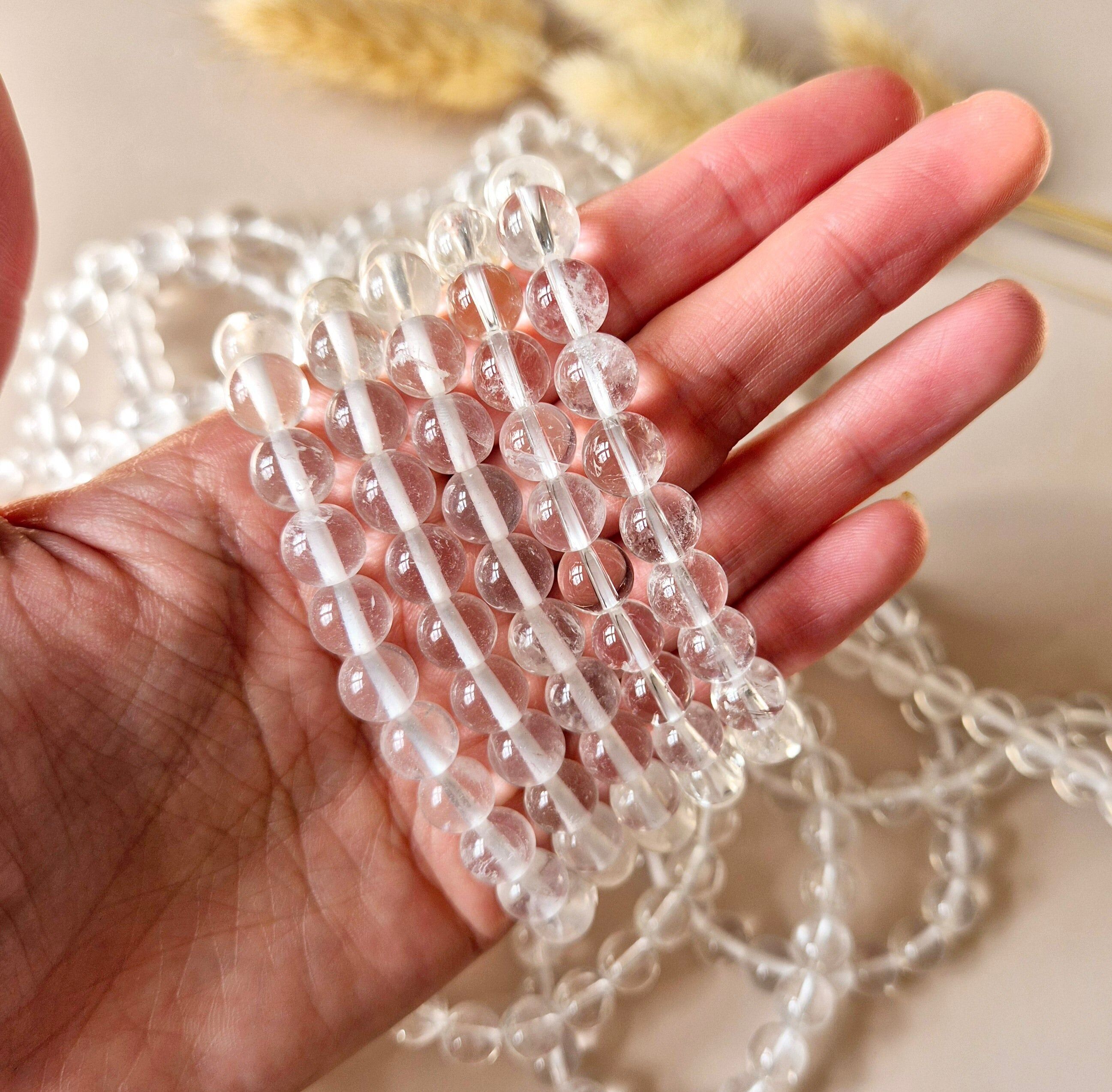 Bracciale con pietre preziose e perle rotonde da 8 mm - Cristallo di rocca (quarzo ialino)