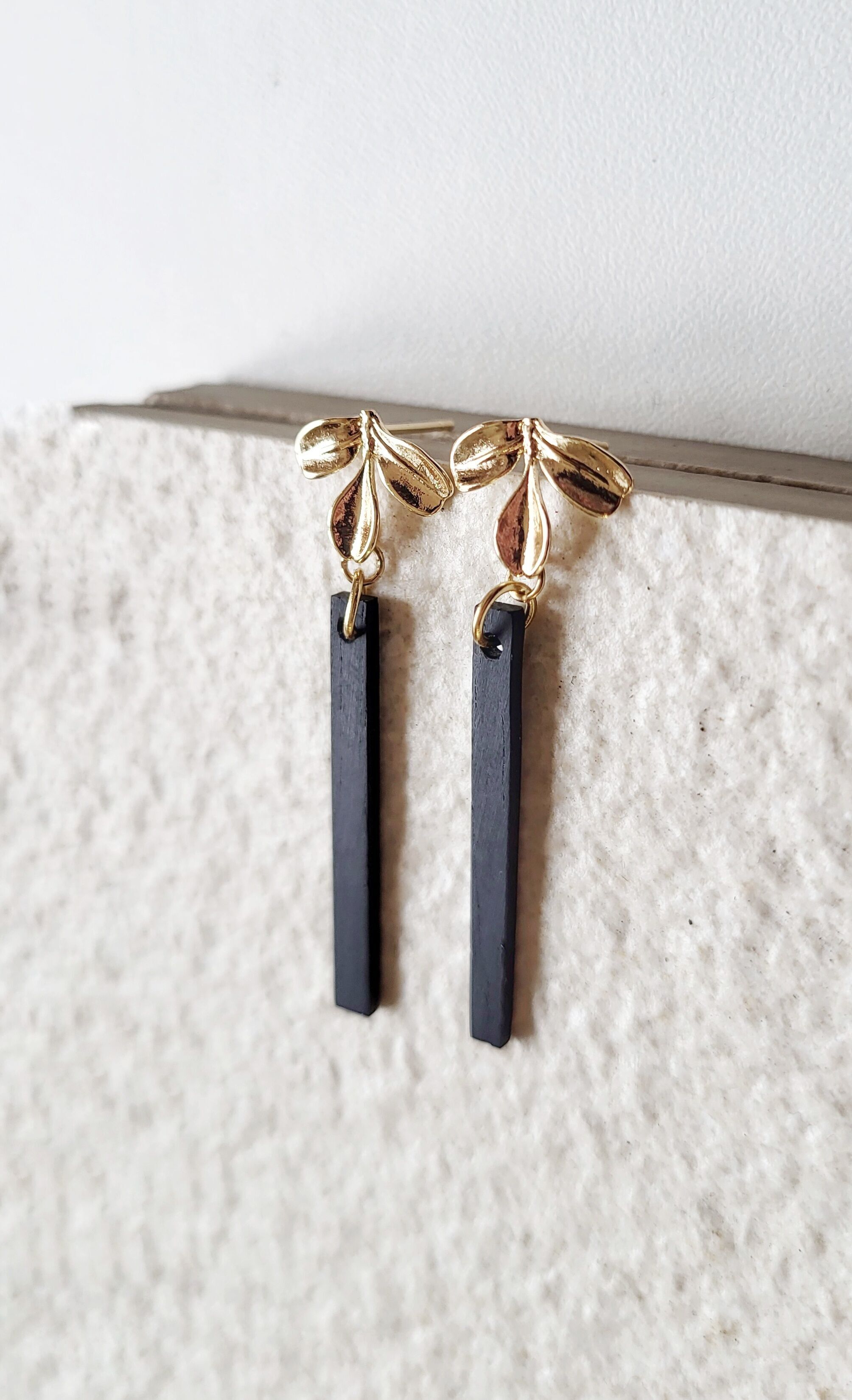 Stainless steel and recycled ebony wood leaf jewelry