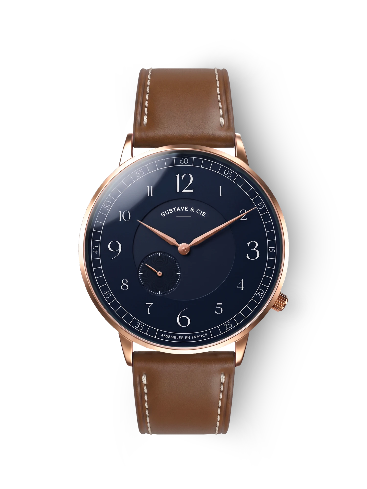 Hector 12H Uhr Roségold und Blau – 40 mm braunes genähtes Lederarmband