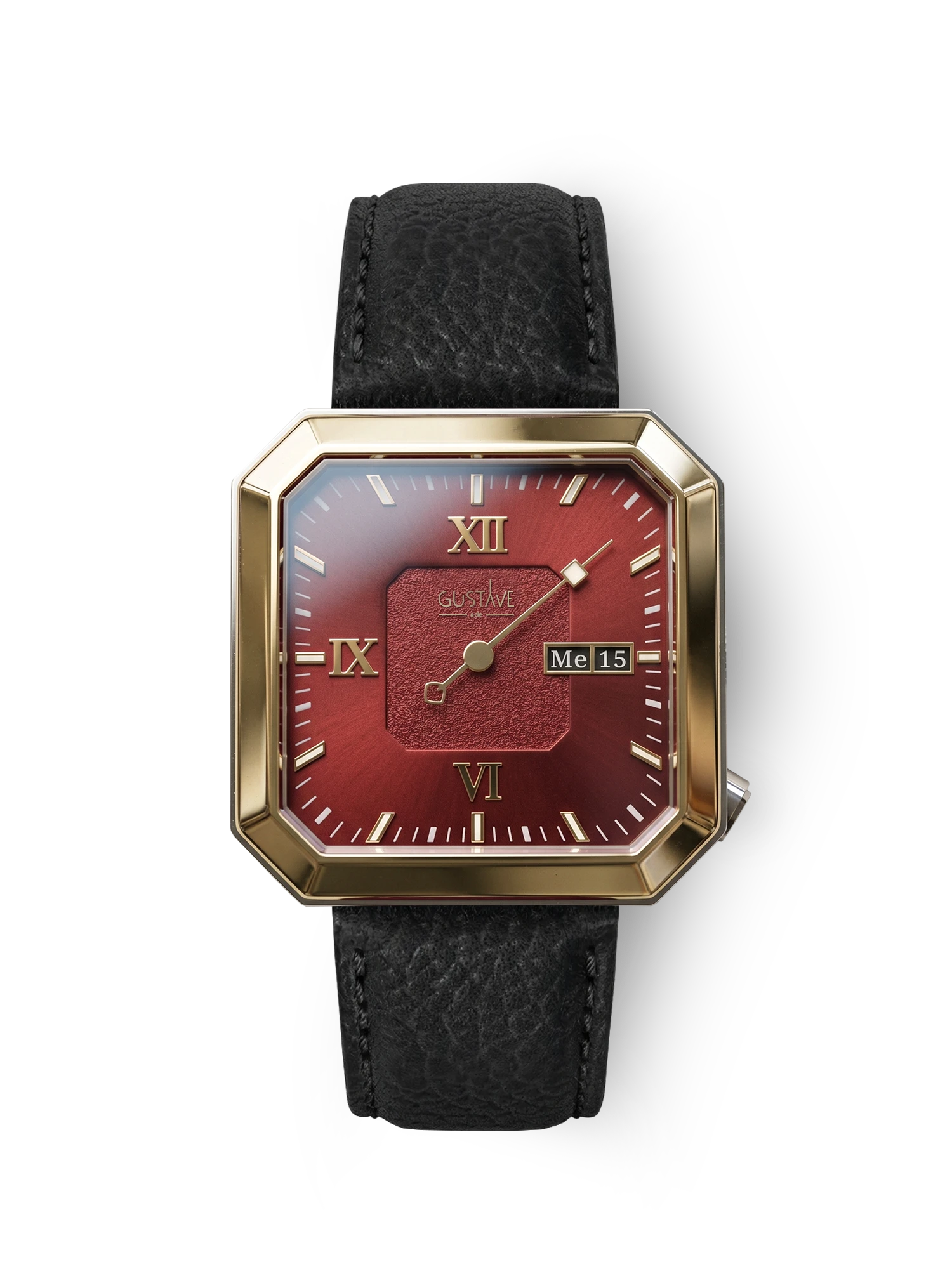 Marie 12H Zweifarbige und rote Uhr – 34 mm genarbtes schwarzes Lederarmband