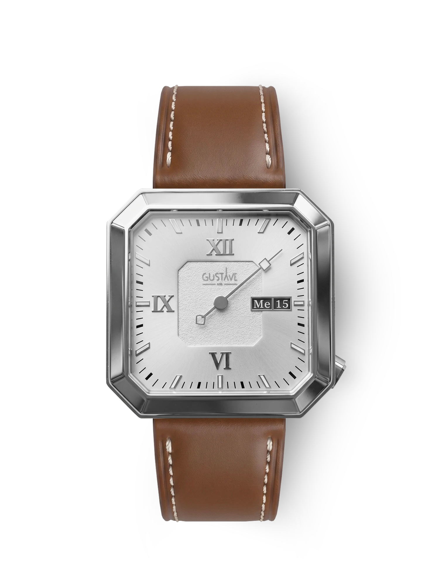 Marie 12H Silber- und Weißuhr – 34 mm braunes genähtes Lederarmband