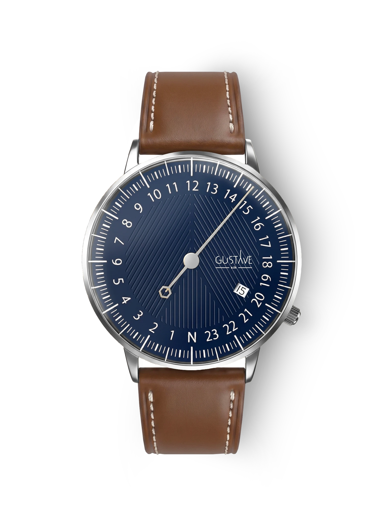 André 24H Uhr in Silber und Blau – 40 mm braunes Lederarmband mit Ziernähten