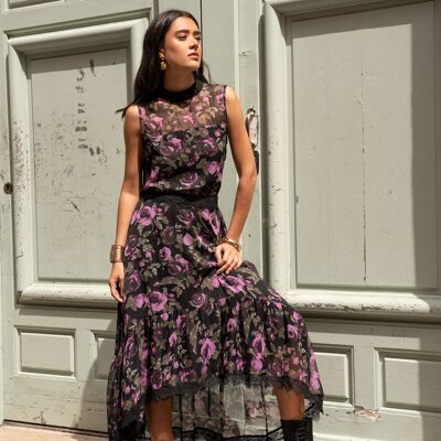Falda romántica con estampado de rosas moradas -