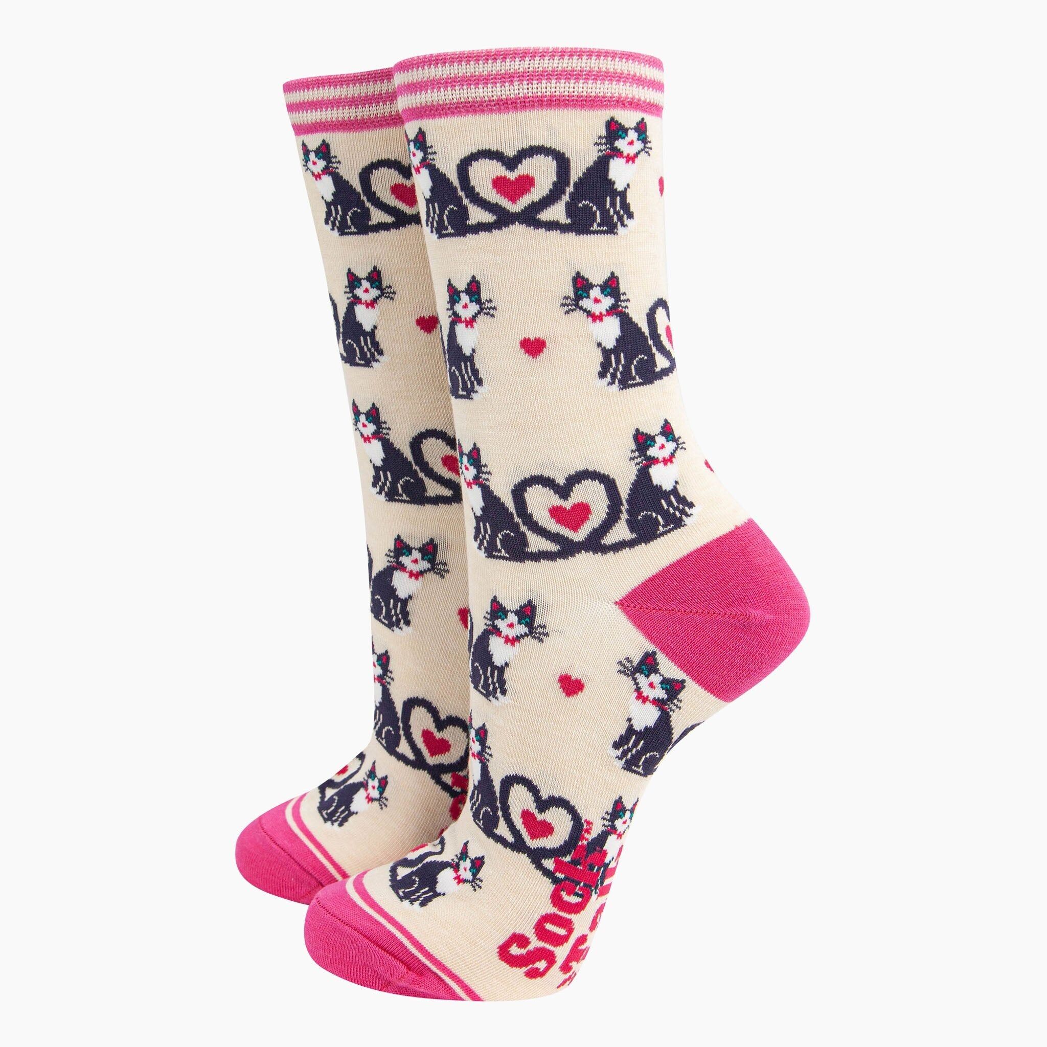 Bambussocken für Damen - Creme, Cats Love Heart Tails