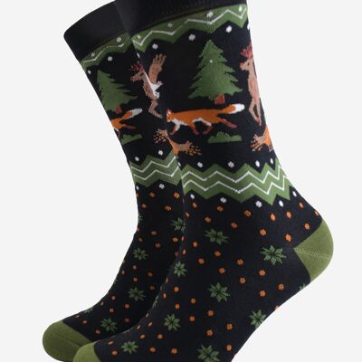 Calzini da uomo in bambù - Nero/Verde, Animali del bosco
