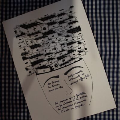 Illustration "des tonnes de tiroirs dans ma tête" - format A5