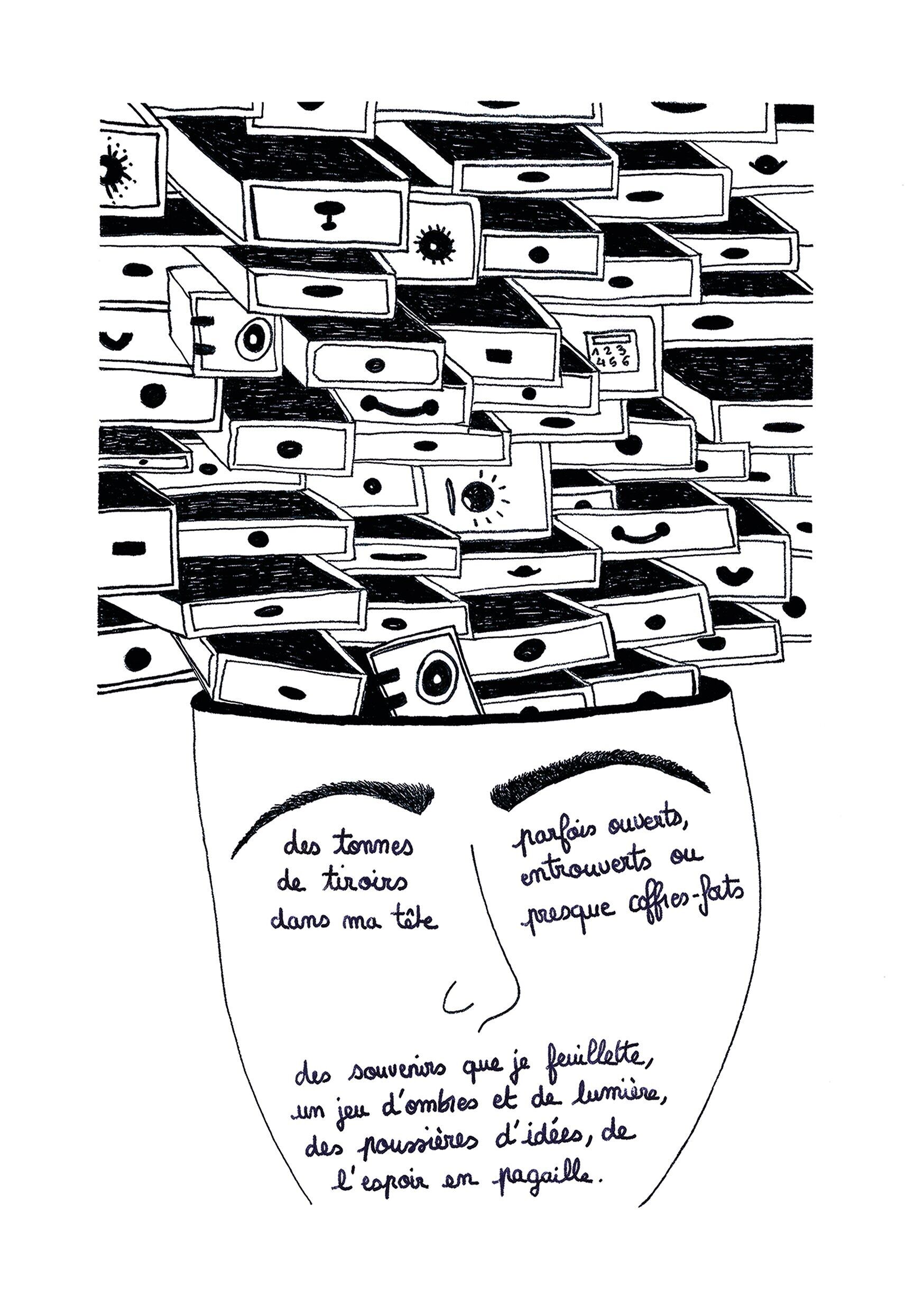 Illustration "des tonnes de tiroirs dans ma tête" - format A5