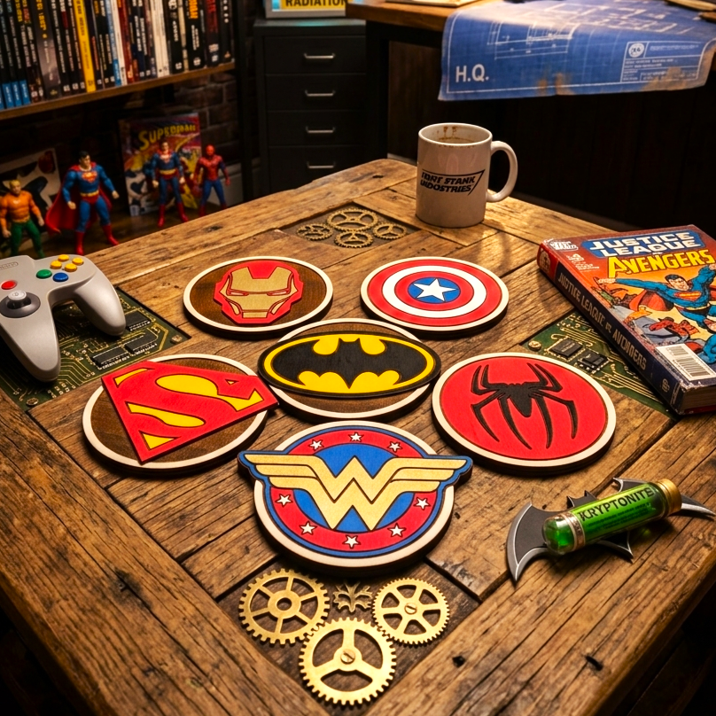 Colorful Super Heroes Wooden Coasters, DC Comics, Marvel, Superman, Wonder Woman, Batman, American Captain, Spider-Man, Iron Man, Geek & Nerd Home Decor