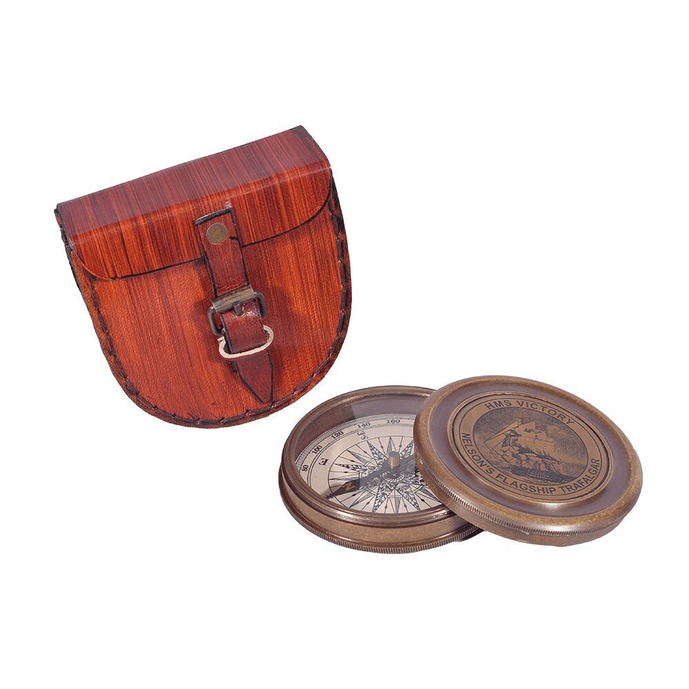 Bussola tascabile in ottone finitura anticata con custodia in pelle